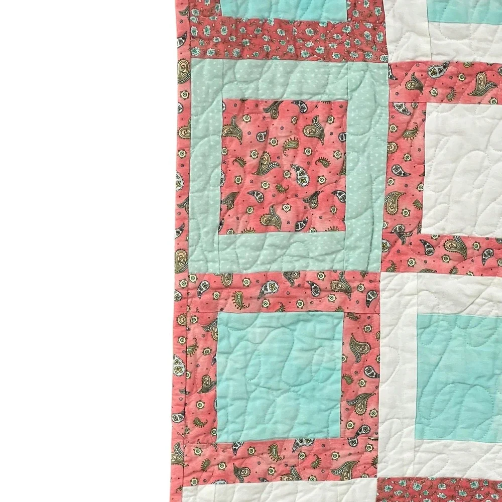 Handmade Patchwork Throw Quilt Coral Aqua Square Blocks 39x39